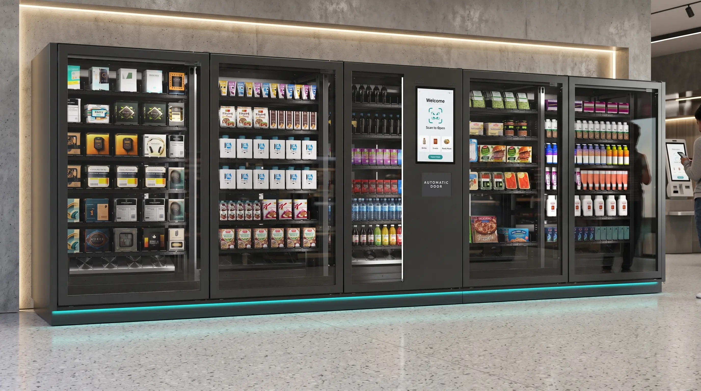 SoCal Vending smart vending machine wall with touchscreen scan-to-open checkout in a modern lobby